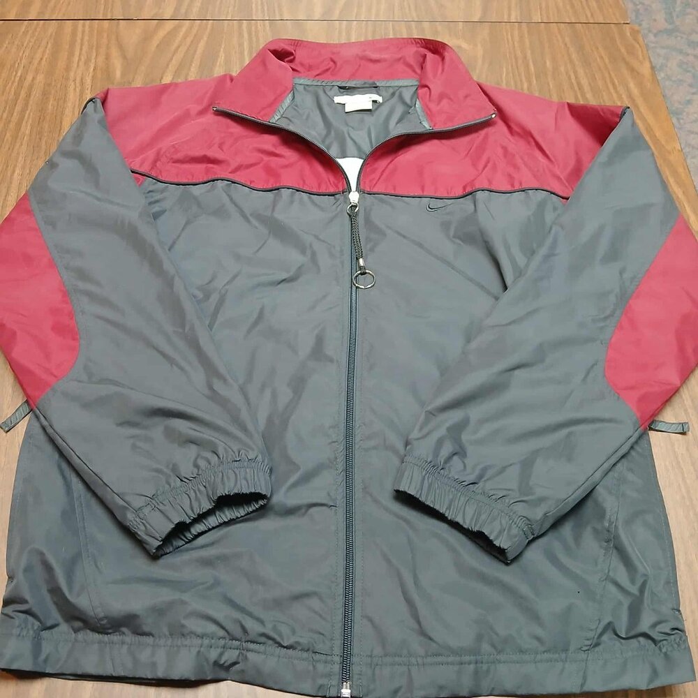 NIKE Men's Medium Red and Gray Full Zip Windbreaker Athletic Swoosh Logo